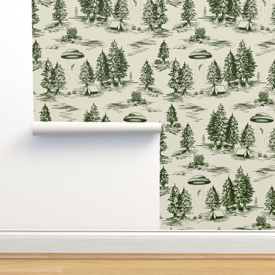 Alien Toile Whimsical Ufos Flying Saucers Traditional Neutral Custom Removable Wallpaper by Spoonflower Peel & Stick Wallpaper 2FT Wide